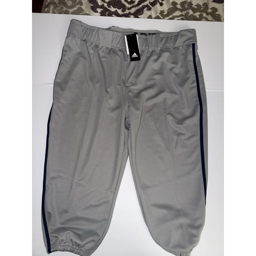 Adidas Men 2XL Icon Pro Gray Baseball Pants Stretch Elastic Blue Logo Stripe NWT